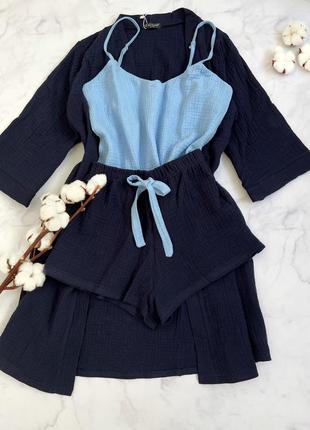 Муслінова піжама трійка шорти майка халат