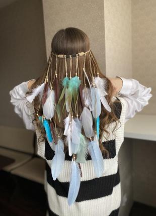Повязка с перьями на голову. пов’язка з пір’ям на голову. перья в волосы4 фото