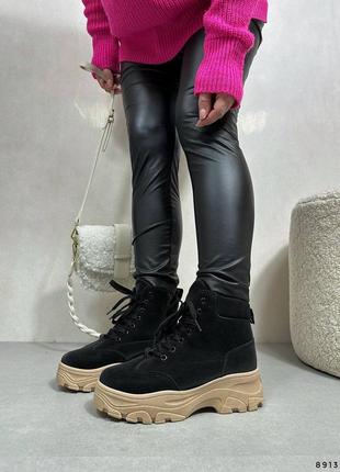 Ботинки на черные женские деми эко-замша замша на бежевой платформе грубой подошве5 фото