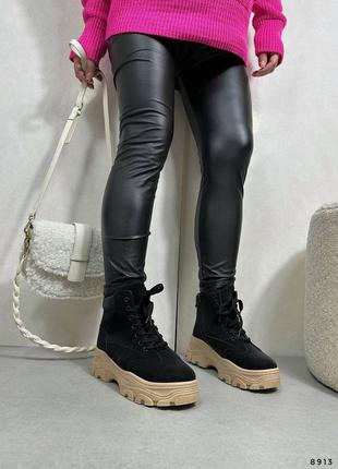 Ботинки на черные женские деми эко-замша замша на бежевой платформе грубой подошве8 фото