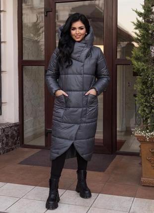 Стильный💣зимний женский пуховик оделает куртка пальто с капюшоном баллоновое удлиненное большого размера батал xl 2xl 3xl 4xl 5xl 6xl 7xl 8xl