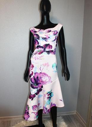 Оригинальное платье неопрен в крупные цветы с асимметричной оборкой,  uk, 12 (4092)