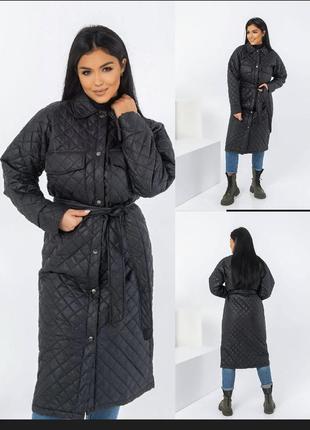 Стильная💣осенне-зимняя стеганая куртка пальто удлиненная женский пуховик одеяло большого размера батал4 фото