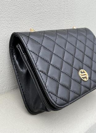 Крутейшая женская стёганая сумочка-клатч на цепочке чёрная кожаная5 фото
