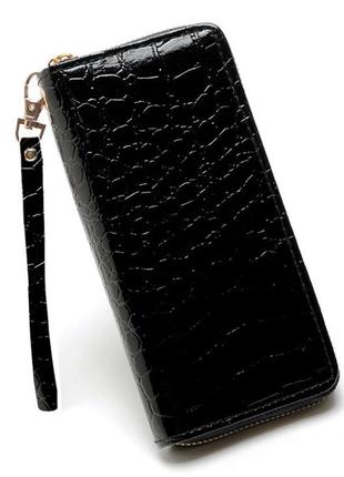 Новинка! крутий актуальний довгий чорний лаковий гаманець гаманець клатч на блискавці