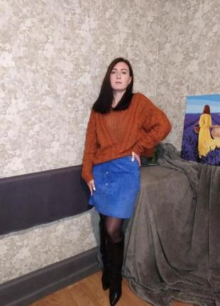 Кожаная натуральная замшевая голубая юбка мини размер m от costes