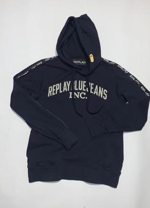 Худи, толстовка, кофта replay logo tape hoody sweatshirt off navy с лампасами2 фото