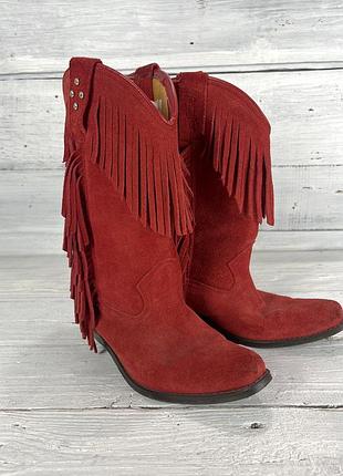 Сапожки котелки кожаные wrangler, красные с бахромой
