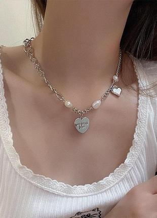 Стильне намисто ланцюг з перлами серце, 49684 фото
