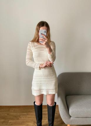 Молочное ажурное вязаное платье5 фото