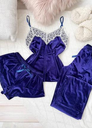 Оксамитова велюрова фіолетова піжама трійка майка, шорти і штани, костюм для дому