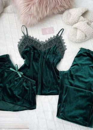 Оксамитова велюрова зелена піжама трійка майка, шорти і штани, костюм для дому
