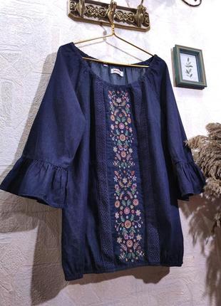 Туника блуза вышиванка, джинс котон, l/xl8 фото