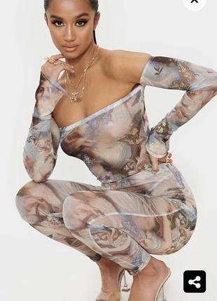 💙💛мега глитой боди сетка с открытыми плечами в принт ренесанс prettylittlething