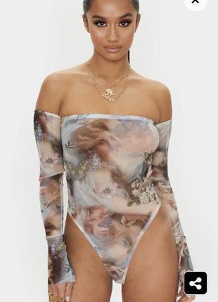 💙💛мега глитой боди сетка с открытыми плечами в принт ренесанс prettylittlething