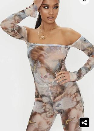 💙💛мега глитой боди сетка с открытыми плечами в принт ренесанс prettylittlething
