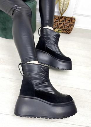 Черевики зимові з хутром на платформі замша водонепроникні чорні жіночі