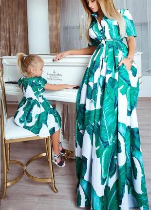 Только под заказ, полная100%предоплата, платье детское белое зеленое принт листья, family look фемели лук2 фото