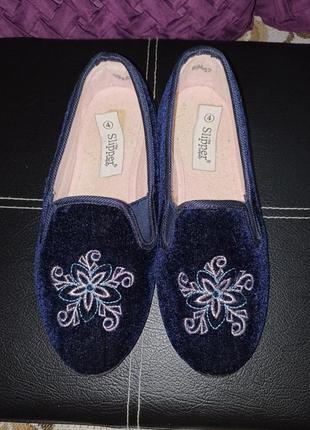 🌿🐞slipper красиві теплі велюрові жіночі тапки із задником т сині 23,5🌿🐞