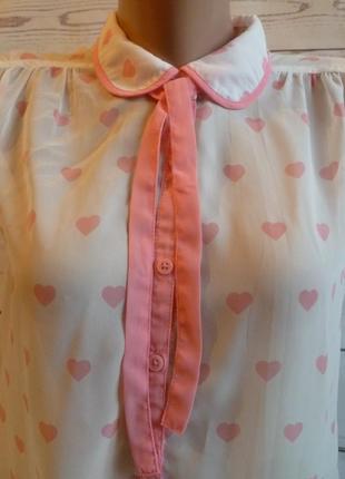 Нежная белая шифоновая блуза с розовыми сердечками4 фото