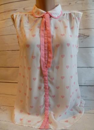 Нежная белая шифоновая блуза с розовыми сердечками