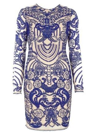 Шикарное платье премиум бежево сетка синее вышивка камни бисер бусины1 фото