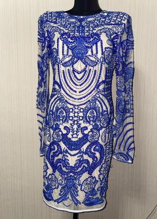 Шикарное платье премиум бежево сетка синее вышивка камни бисер бусины2 фото