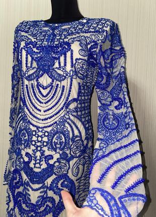 Шикарное платье премиум бежево сетка синее вышивка камни бисер бусины3 фото