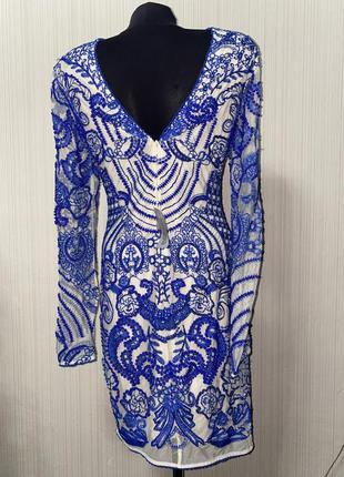 Шикарное платье премиум бежево сетка синее вышивка камни бисер бусины5 фото