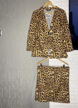 Костюм двойка в леопардовый принт костюм с юбкой комплект юбка и пиджак большого размера handmade, xl-xl3 фото