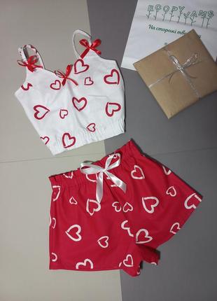 Хлопковая женская пижама майка шорты с сердечками на подарок любимой