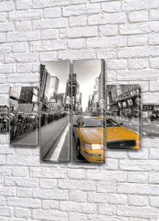 Модульна картина жовте таксі на пвх тканини, 75x130 см, 20x20-2/45х20-2/75x20-2