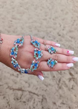 💙 шикарный яркий комплект набор колье ожерелье цепочка цепь серьги цветы сережки камни