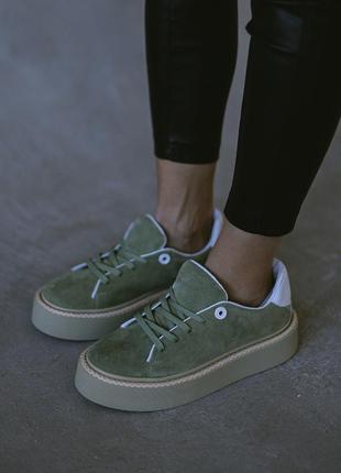 Кеди оливкові із натуральної замші. ексклюзив