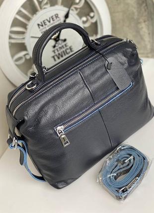 Синя сумка з натуральної шкіри2 фото