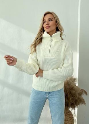 Женская теплая молочная кофта свитер из шерстяной нитки с молнией на горловине с воротником с м л 44 46 48 s m l8 фото