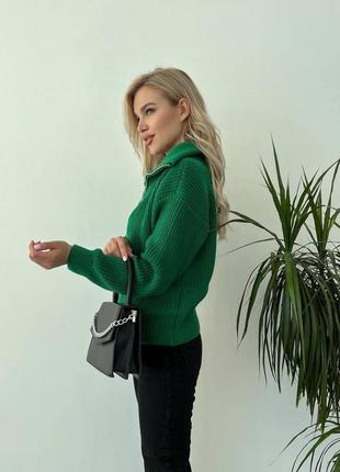 Женская теплая зелёная кофта свитер из шерстяной нитки с молнией на горловине с воротником с м л 44 46 48 s m l3 фото