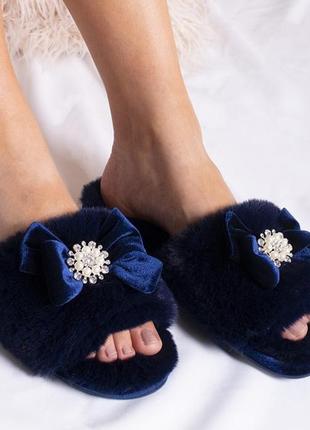 Хутряні жіночі капці pretty you london anya сині 2