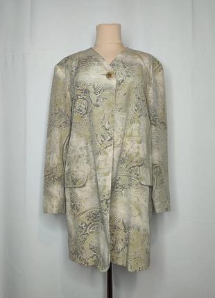 Пиджак шелковый длинный зеленый, бежевый, принт, шелк1 фото