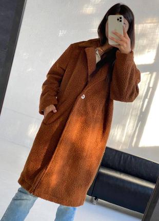 Жіноче трендове оверсайз пальто на ґудзику тедді з підкладкою  моко  з кишенями весняне осіннє стильне