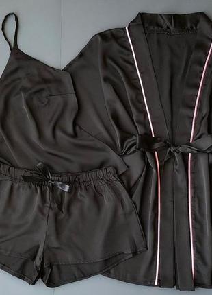 Шелковая тройка халат и пижамка, комплект для сна халат и майка и шорты4 фото