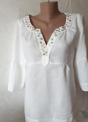 Прекрасна літня легка білосніжна блуза з льону дуже еіжна та елегантна2 фото
