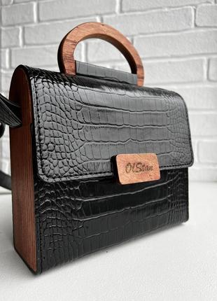 Ексклюзивна оригінальна шкіряна сумочка під крокодила з дерев’яними вставкамм