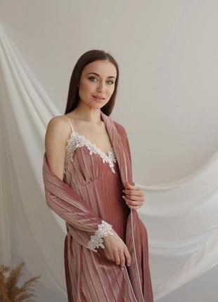 Домашний бархатный набор для сна (платье и халатик)