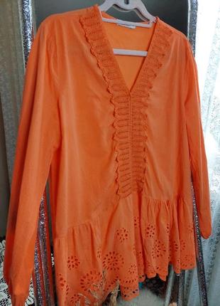 🌼бавовняна помаранчева блуза в стилі кантрі - бохо, в вибитому низом madame( розмір 40)2 фото