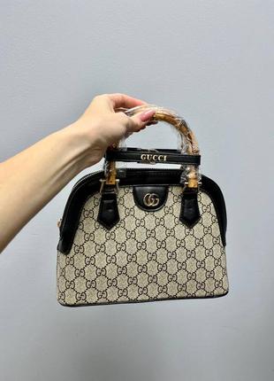 Жіноча бежева чорна текстильна сумка сумочка в стилі gucci alma bag black/beige