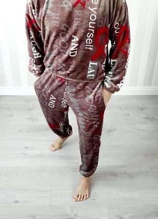Мужская пижама качественная плюш комплект для дома свет серая белая черная мокко коричневая с красным батал крупным оверсайзом с капюшоном худи штаны3 фото