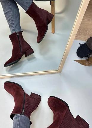 Эксклюзивные ботинки из натуральной итальянской кожи и замша женские бордовые7 фото