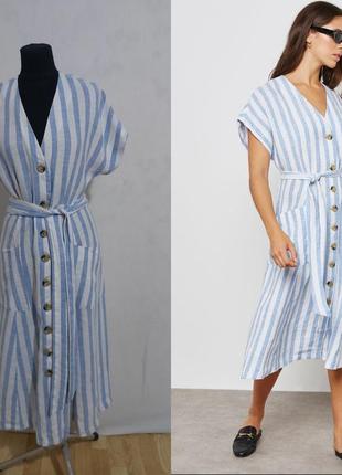 Льняное платье в бело-голубую полоску на пуговицах по длине 100%- лен mango casual