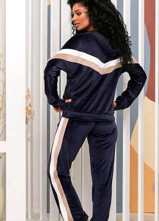 Хлопок велюр ⚫🔵 56 54 52 50 48 46 большие размеры штаны кофта молния р капюшон полоска полоса женская костюм спорт спортивный бархат бавовна набор
